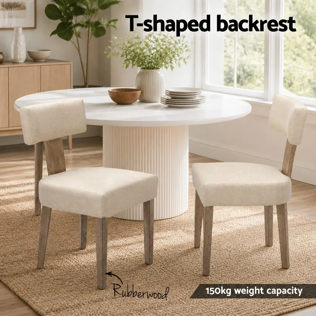 Dining Chairs Set of 2 Beige Linen Fabric Wooden Frame Padded Seat Kitchen