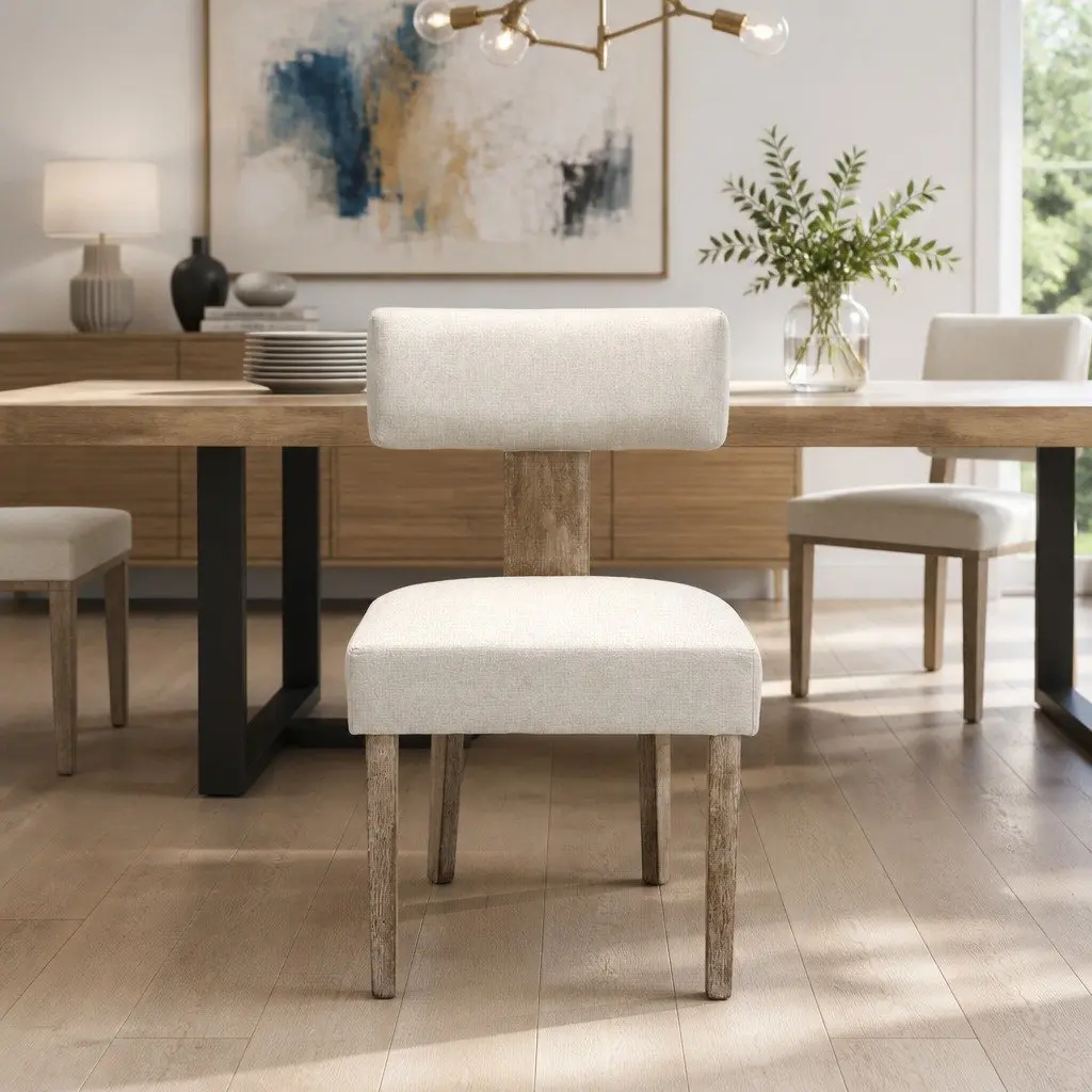 Dining Chairs Set of 4 Beige Linen Fabric Wooden Frame Kitchen Furniture