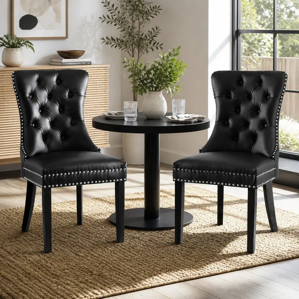 Dining Chairs Set of 2 Black Leather Button Tufted Kitchen Seating Furniture