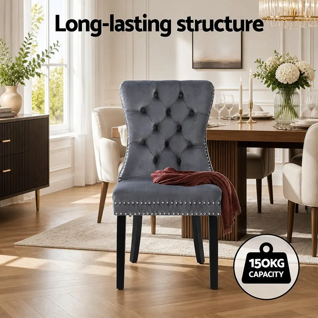 Dining Chairs Grey Velvet Button Tufted Upholstered 2 Piece