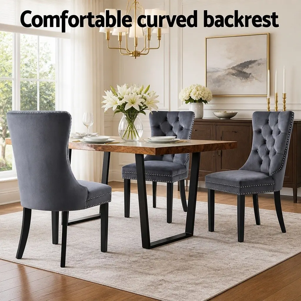 Dining Chairs Grey Velvet Button Tufted Upholstered 2 Piece