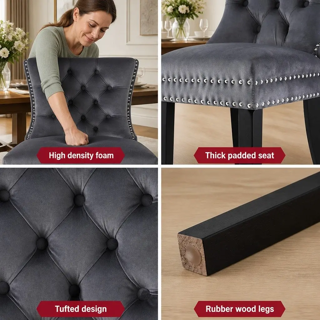 Dining Chairs Grey Velvet Button Tufted Upholstered 2 Piece