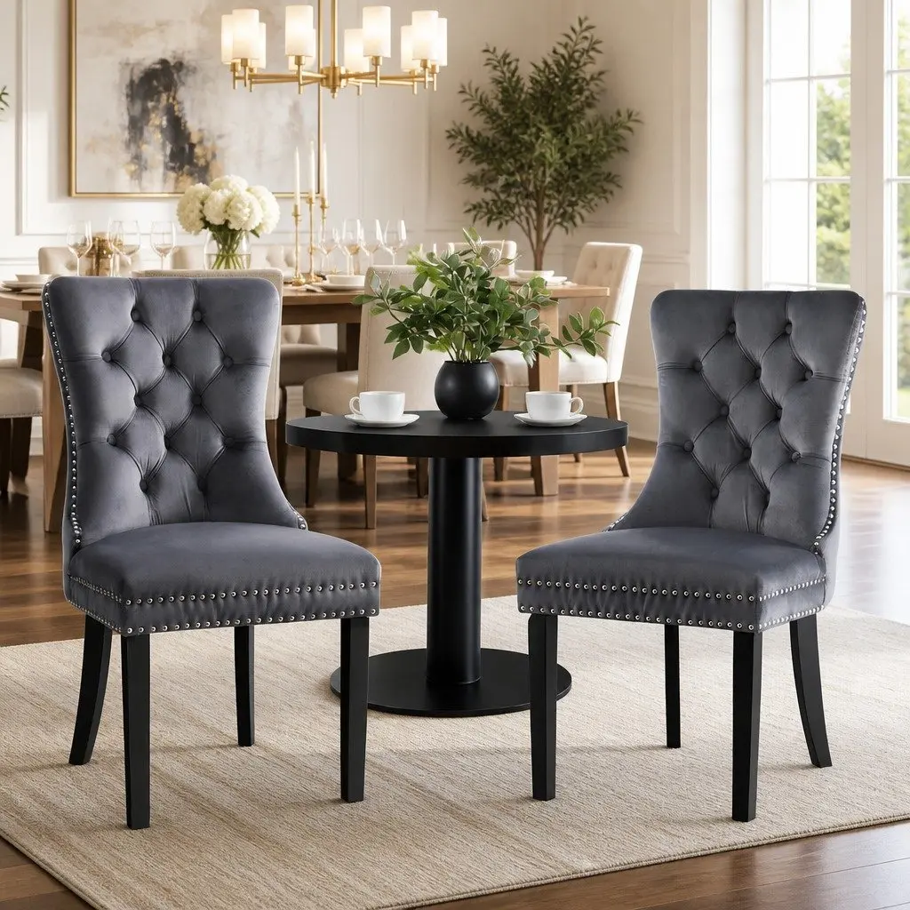 Dining Chairs Grey Velvet Button Tufted Upholstered 2 Piece