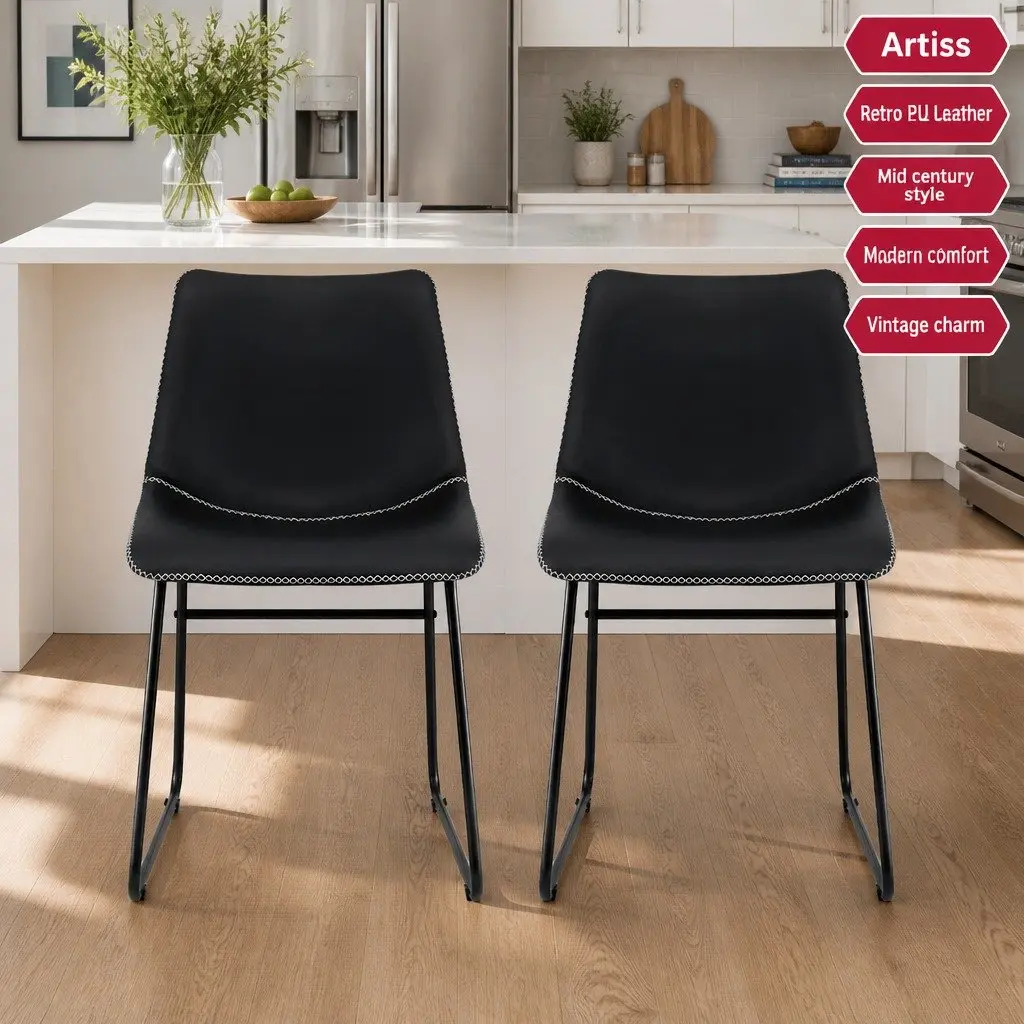 Dining Chairs Retro Black Curved Backrest Padded x2