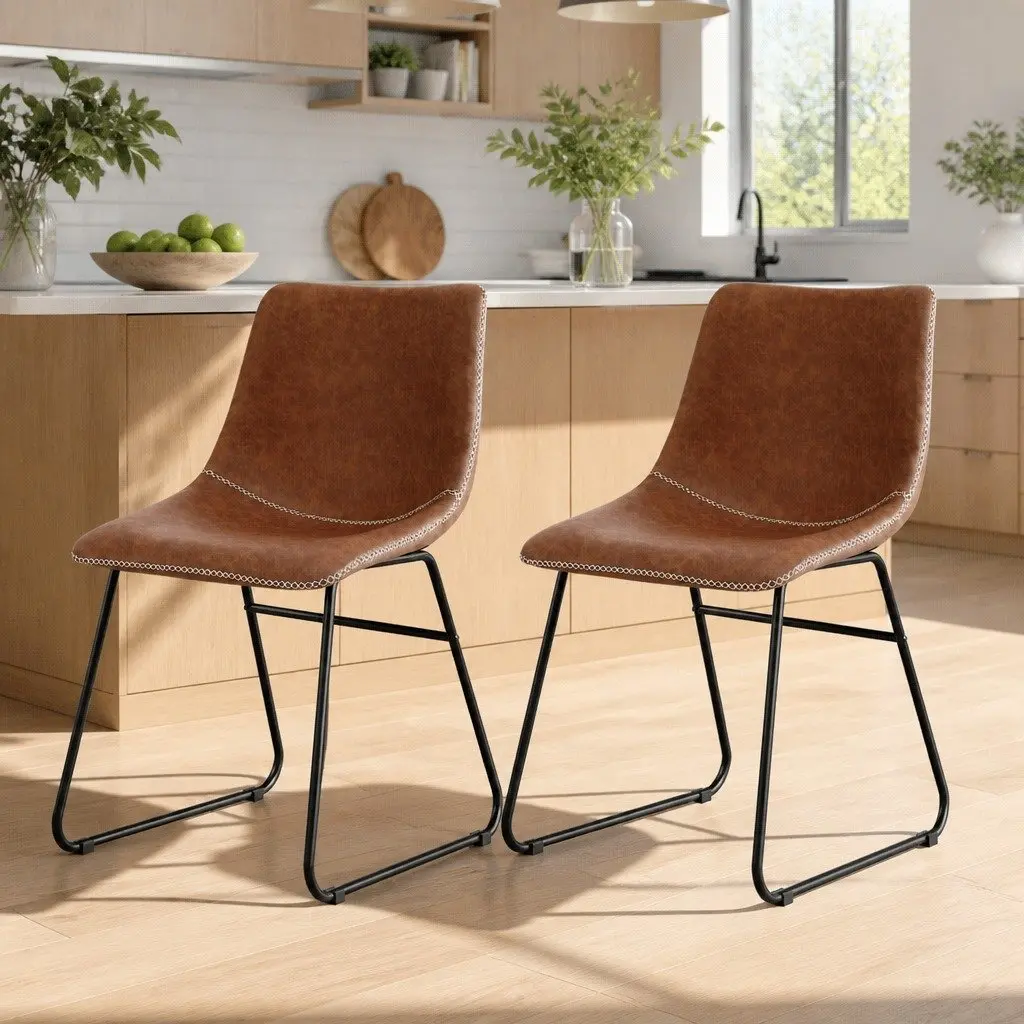Dining Chairs Retro Kitchen Lounge Accent Seat Brown PU Leather Sled Legs x2