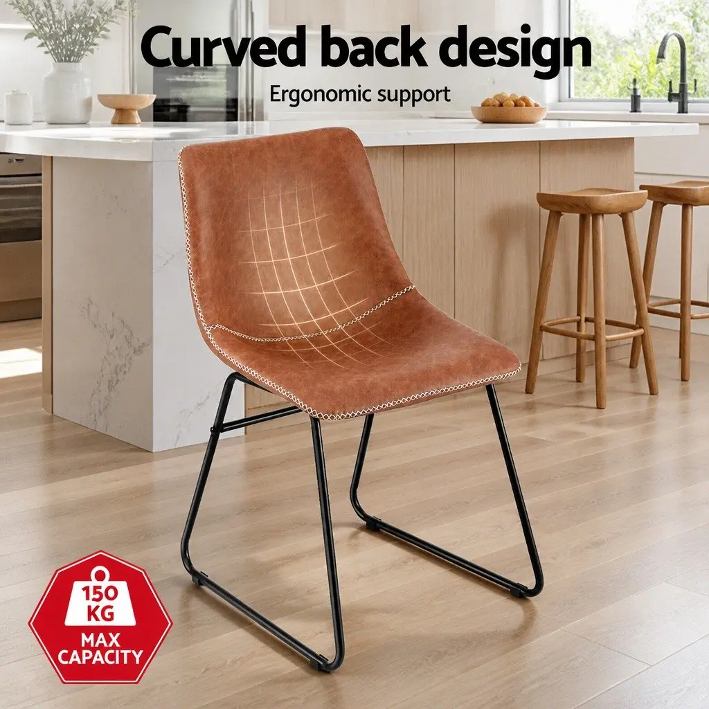 Dining Chairs Retro Kitchen Lounge Accent Seat Brown PU Leather Sled Legs x2