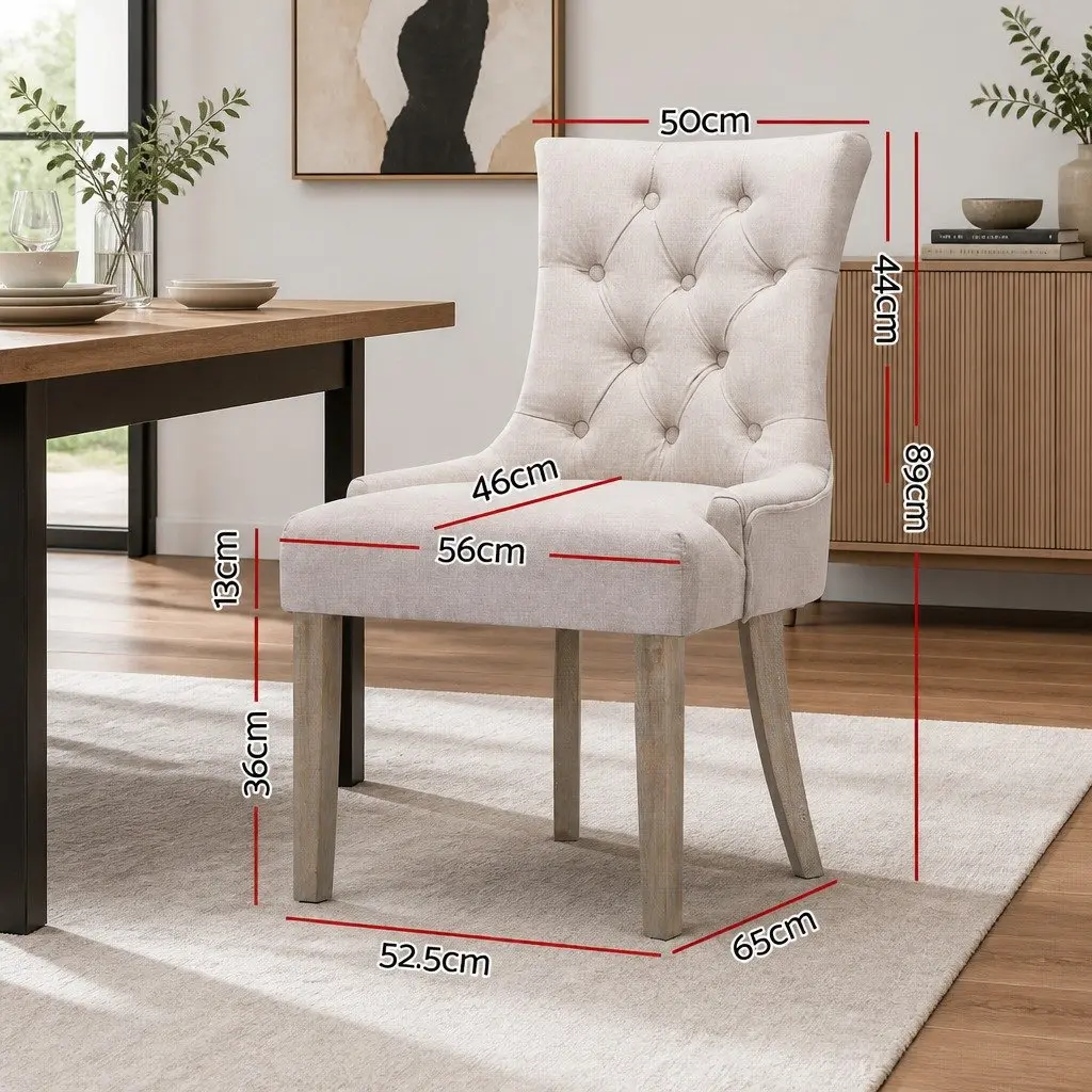 Dining Chairs Set of 2 French Provincial Tufted Button Beige Linen Seat