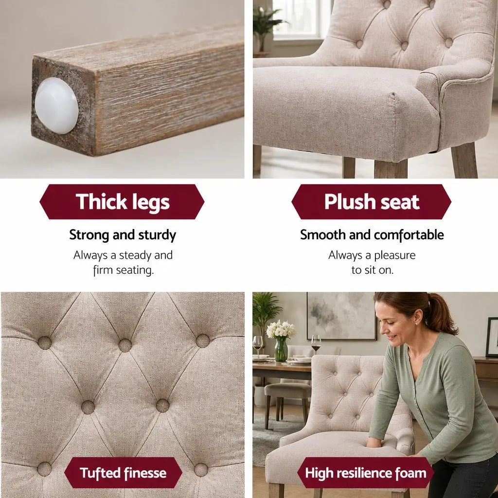 Dining Chairs Set of 2 French Provincial Tufted Button Beige Linen Seat