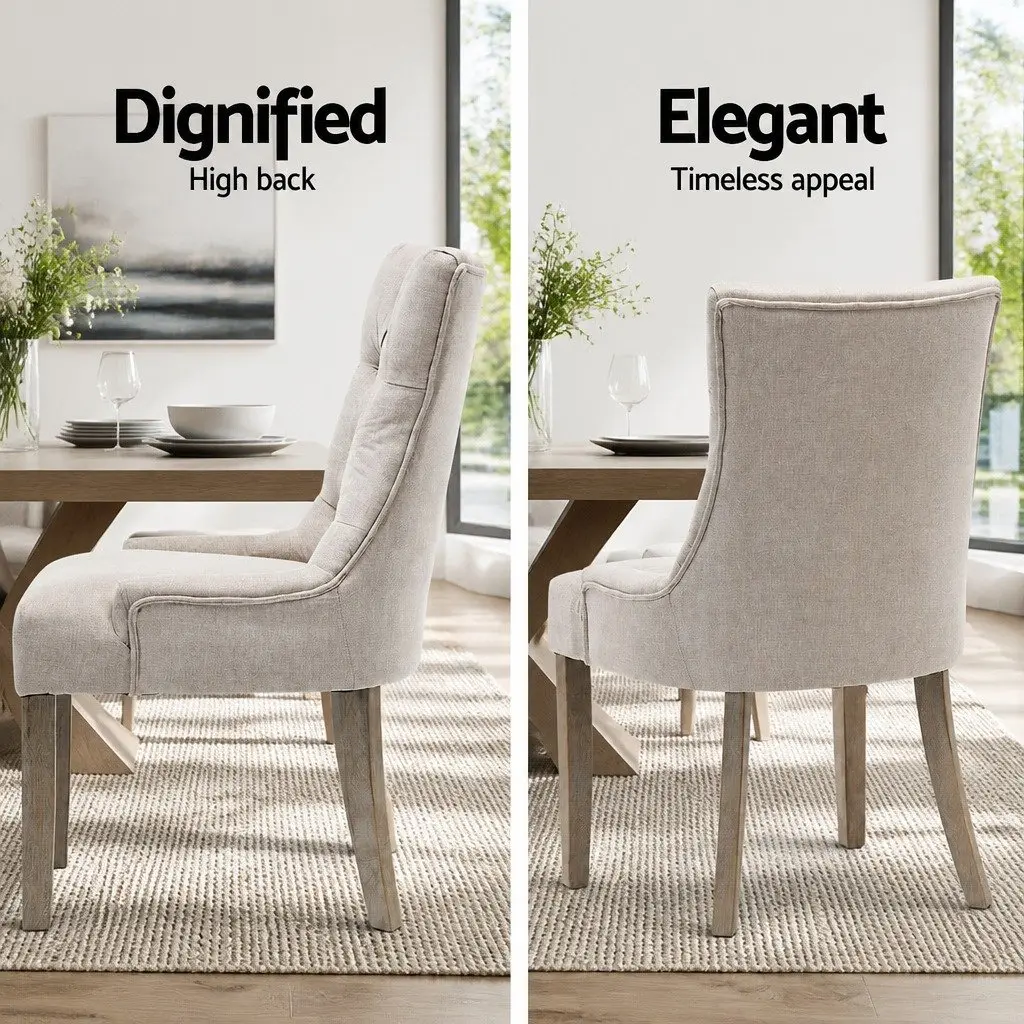 Dining Chairs Set of 2 French Provincial Tufted Button Beige Linen Seat