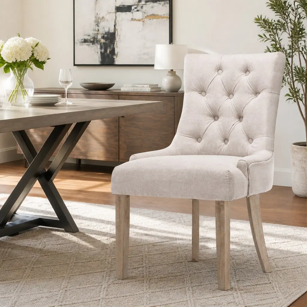 Dining Chairs Set of 2 French Provincial Tufted Button Beige Linen Seat