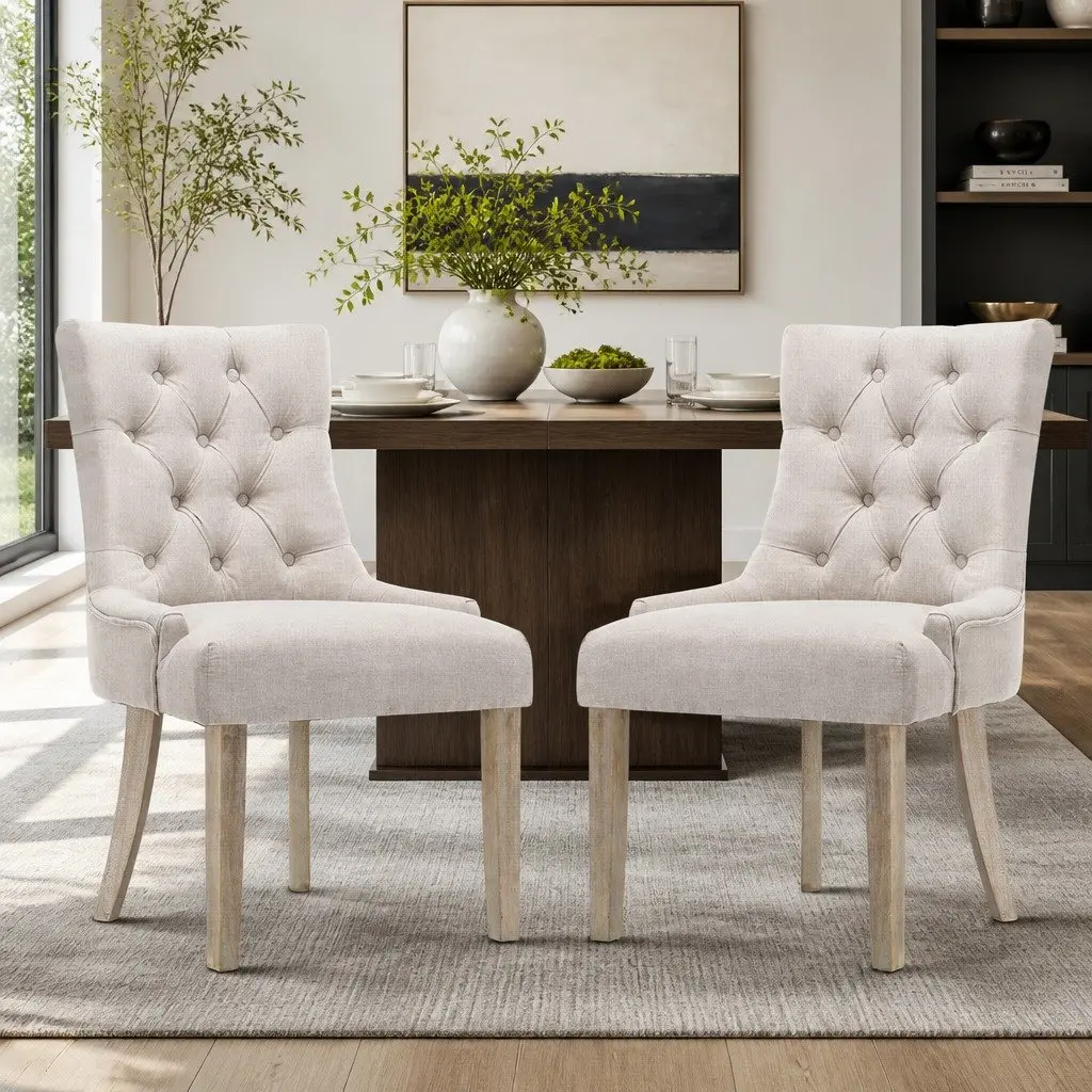 Dining Chairs Set of 2 French Provincial Tufted Button Beige Linen Seat