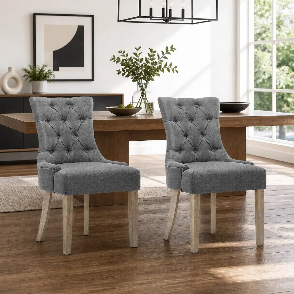 Dining Chairs Upholstered Linen Tufted Button Grey French Provincial 2 Piece