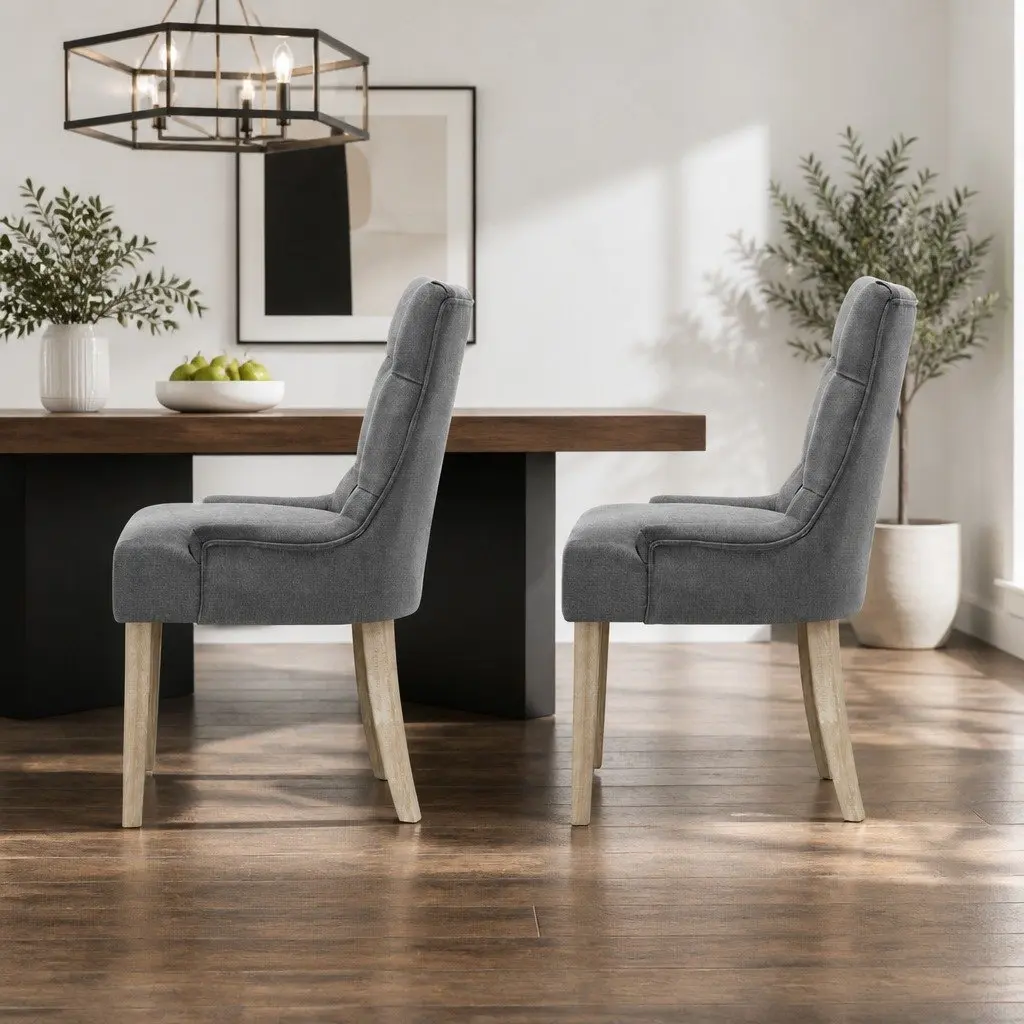 Dining Chairs Upholstered Linen Tufted Button Grey French Provincial 2 Piece