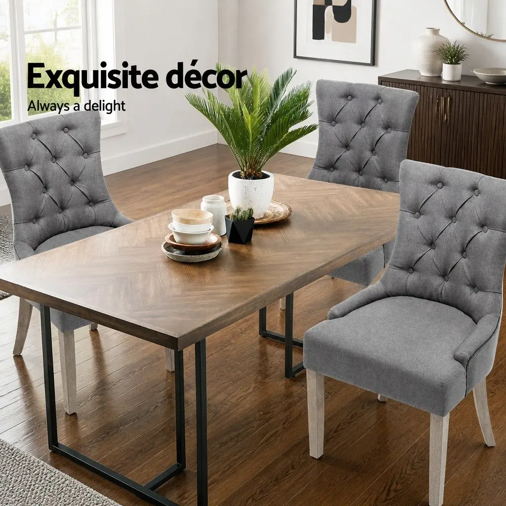 Dining Chairs Upholstered Linen Tufted Button Grey French Provincial 2 Piece
