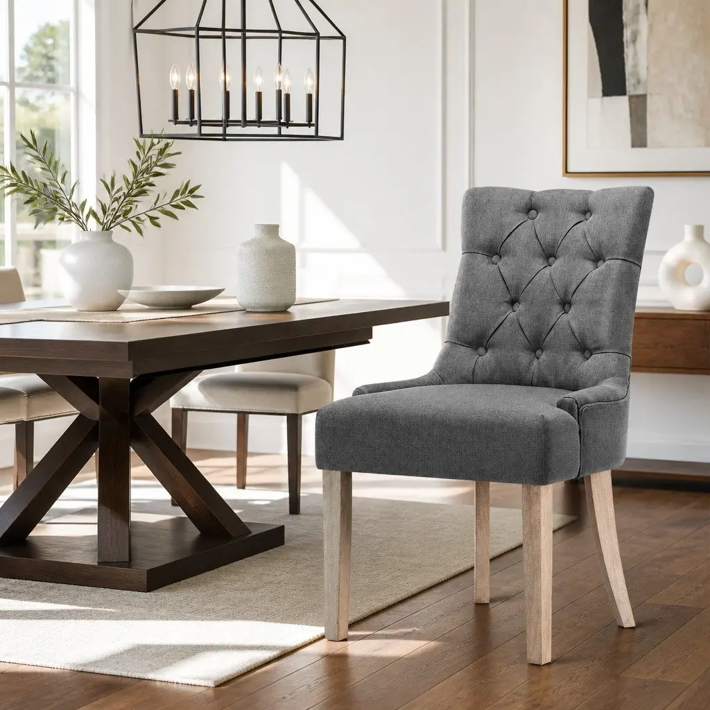 Dining Chairs Upholstered Linen Tufted Button Grey French Provincial 2 Piece