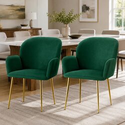 Comfortable Dining Chairs Set - 2 Green Velvet Armchairs