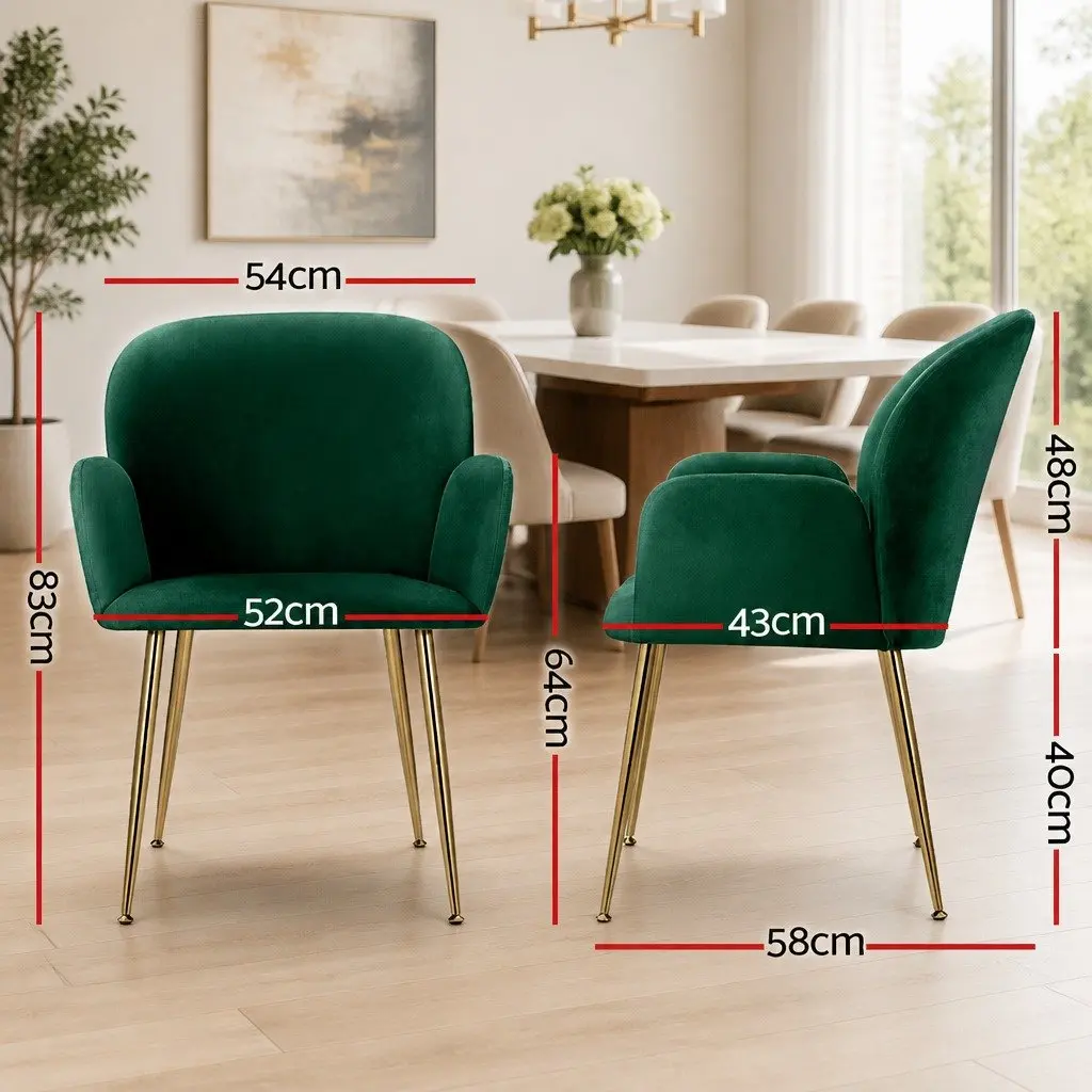 Dining Chairs Velvet Armchair Green Cushioned Back Support 2 Piece