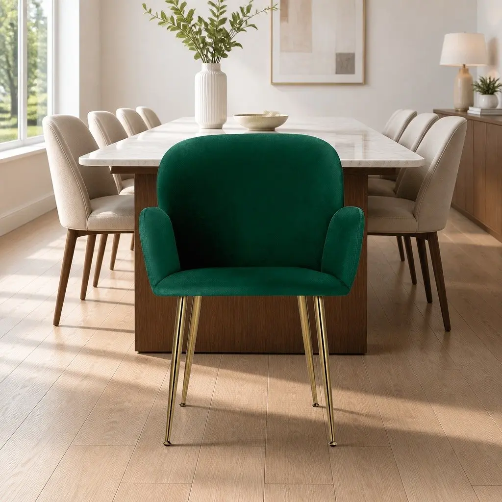 Dining Chairs Velvet Armchair Green Cushioned Back Support 2 Piece