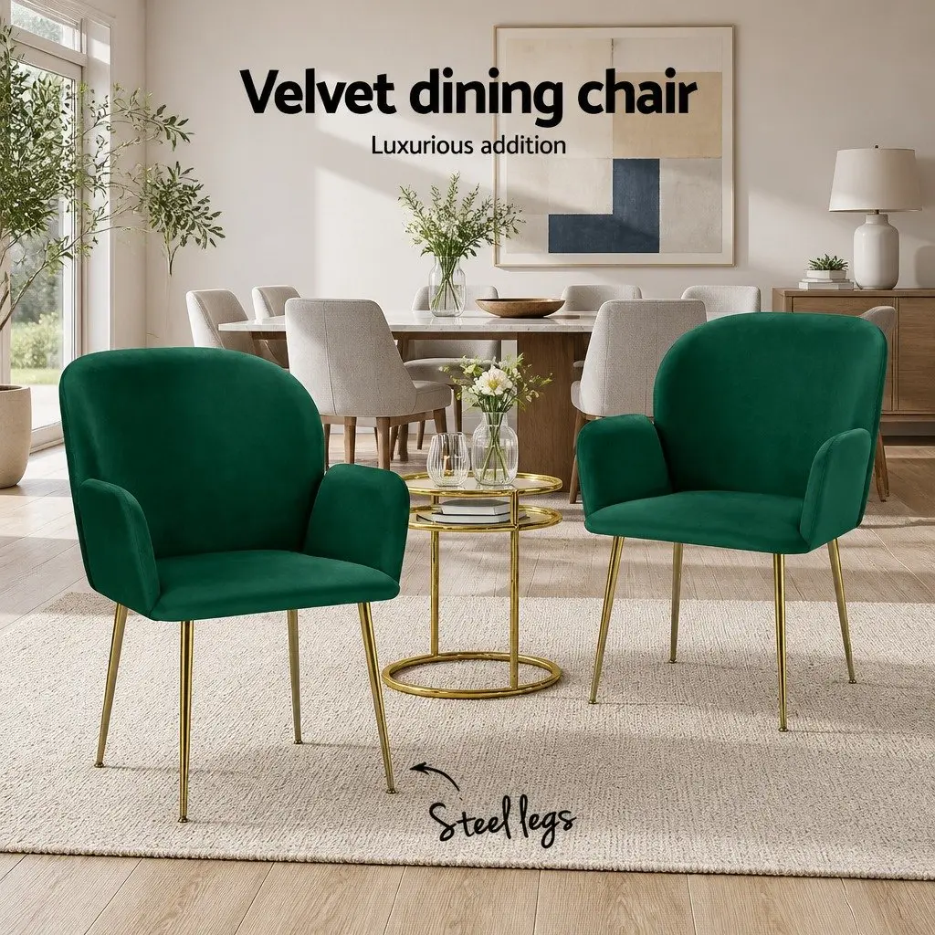 Dining Chairs Velvet Armchair Green Cushioned Back Support 2 Piece