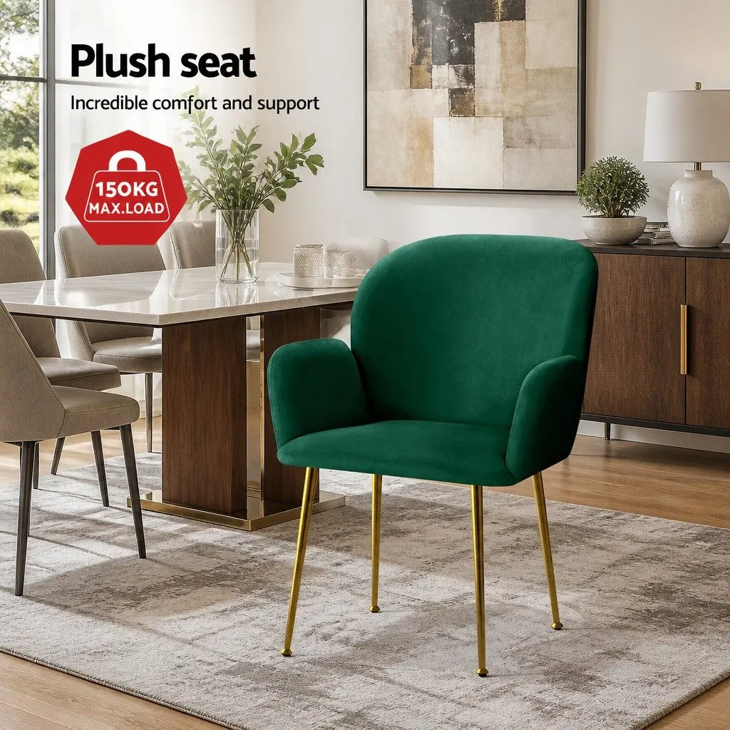 Dining Chairs Velvet Armchair Green Cushioned Back Support 2 Piece