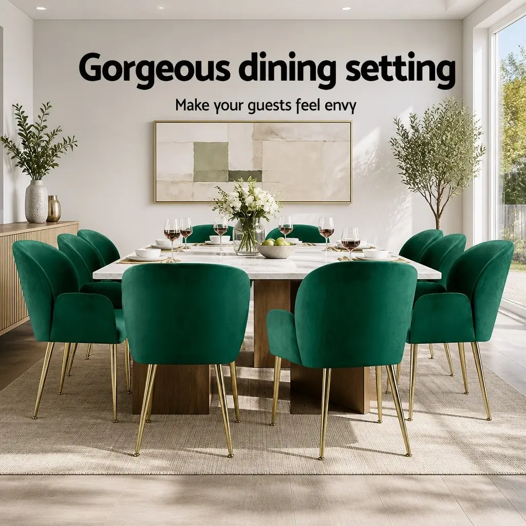 Dining Chairs Velvet Armchair Green Cushioned Back Support 2 Piece