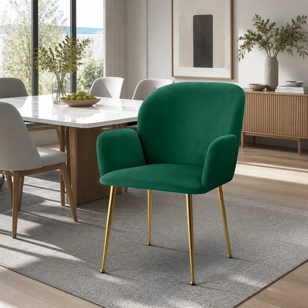 Dining Chairs Velvet Armchair Green Cushioned Back Support 2 Piece