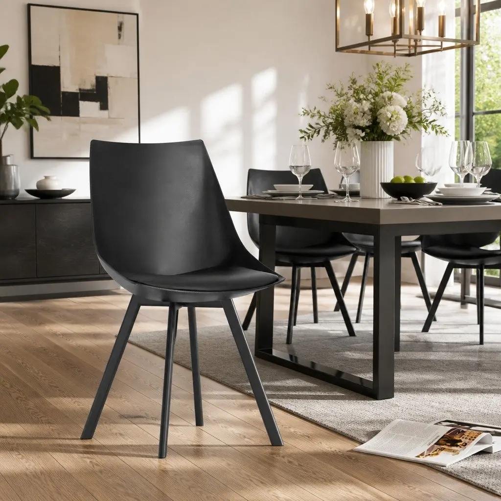 Dining Chairs Set of 2 Black Cushioned Seat Back Support Steel Legs Modern