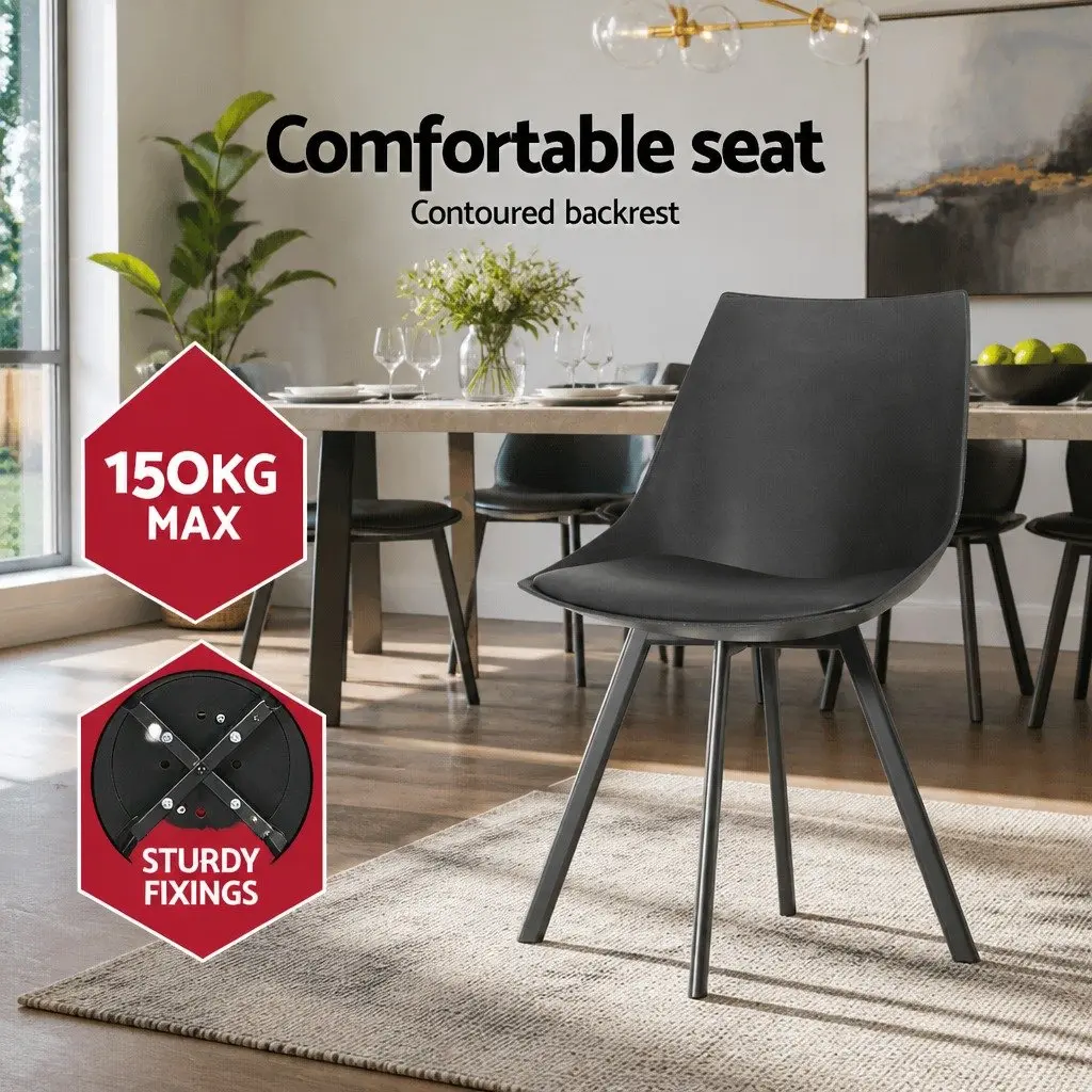 Dining Chairs Set of 2 Black Cushioned Seat Back Support Steel Legs Modern
