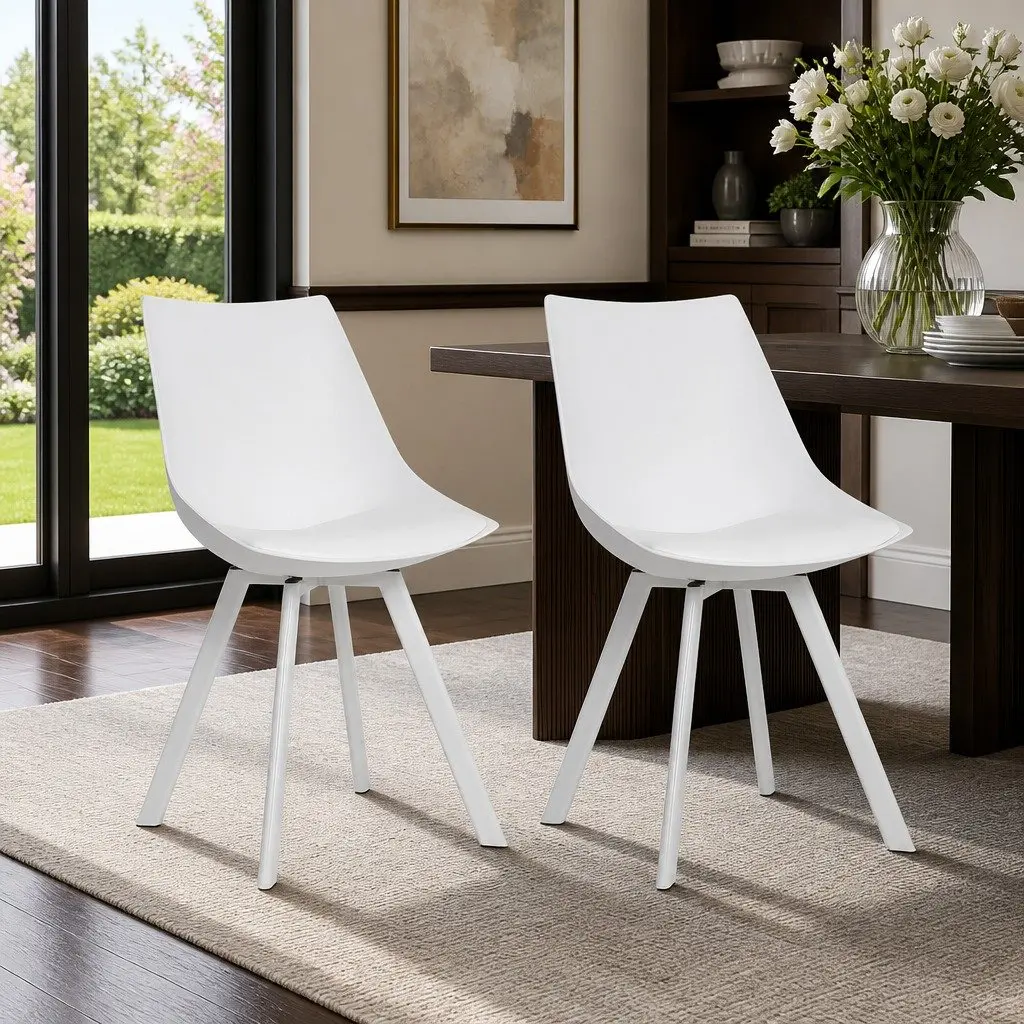 Dining Chairs Set of 2 White Plastic Steel Legs Cushioned Back Support Modern