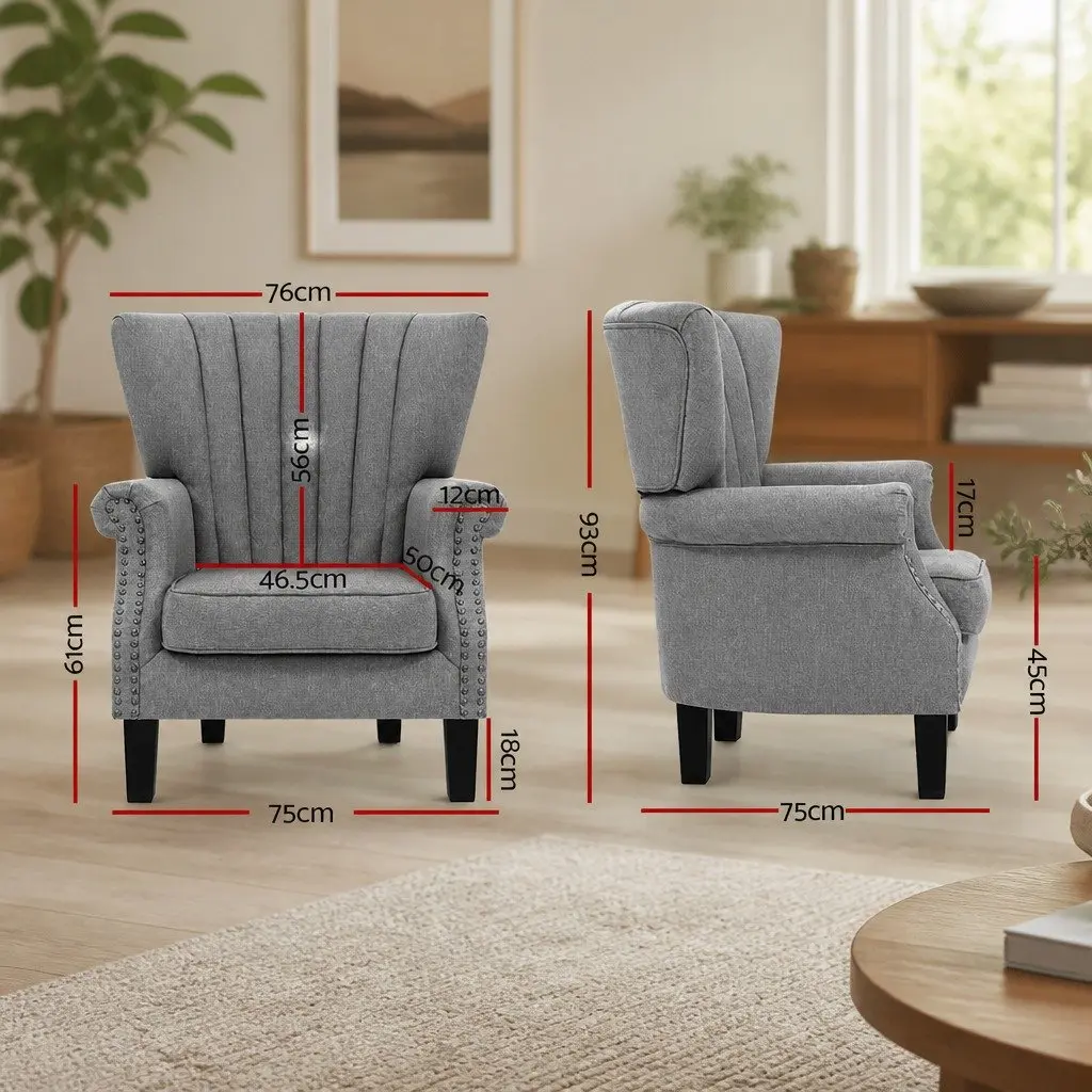 Armchair Wingback Grey Button Studs Waterfall Design Faux Linen Full-Size