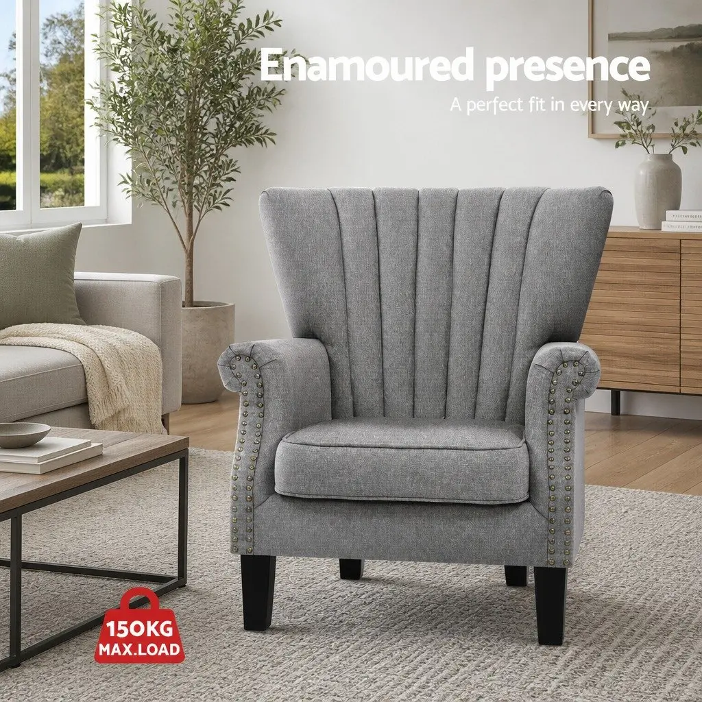 Armchair Wingback Grey Button Studs Waterfall Design Faux Linen Full-Size