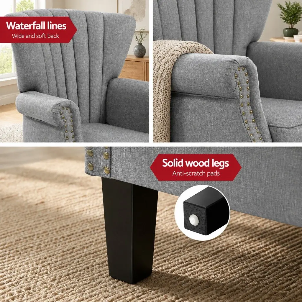Armchair Wingback Grey Button Studs Waterfall Design Faux Linen Full-Size