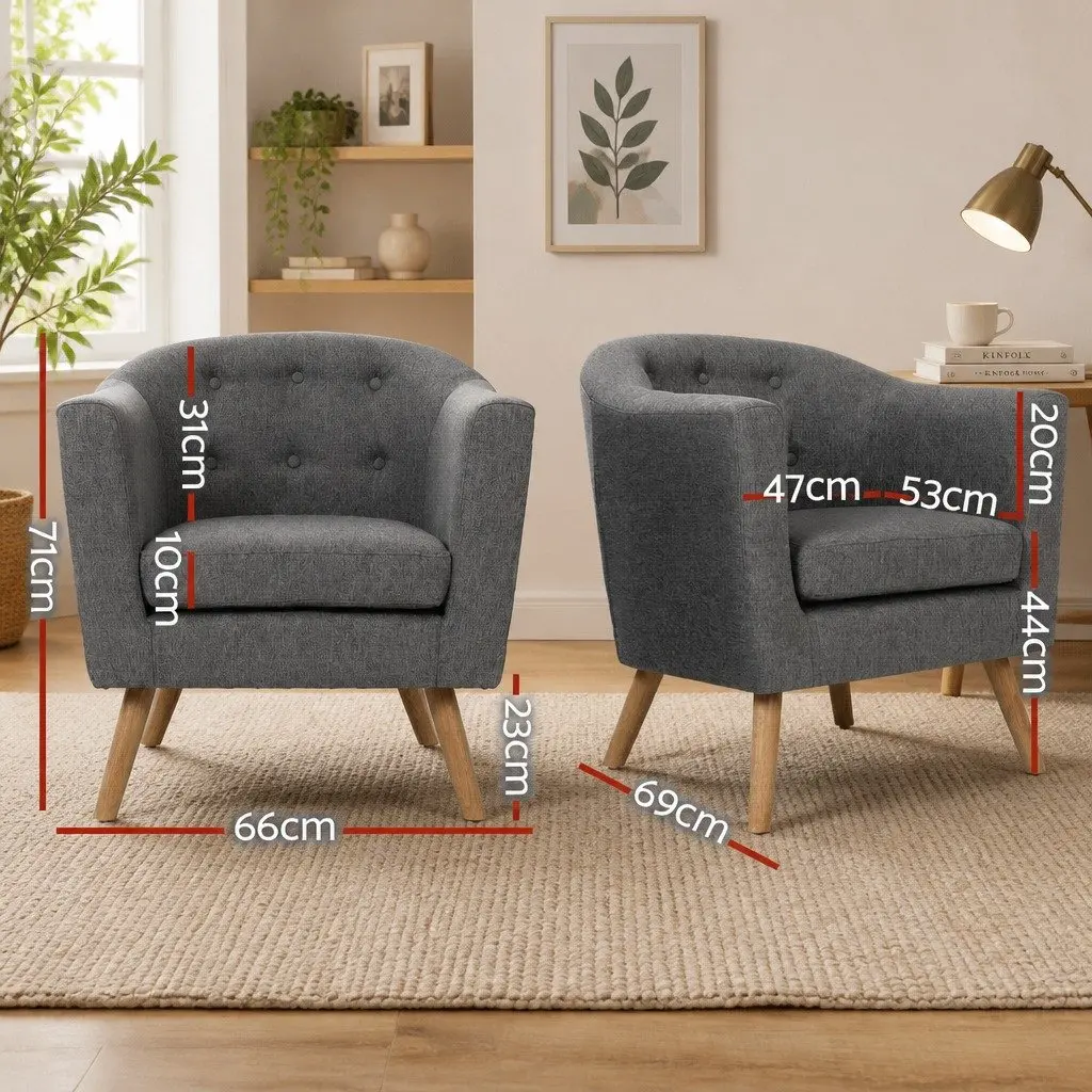 Armchair Upholstered Faux Linen Fabric Tufted Backrest Grey Full Size Seat