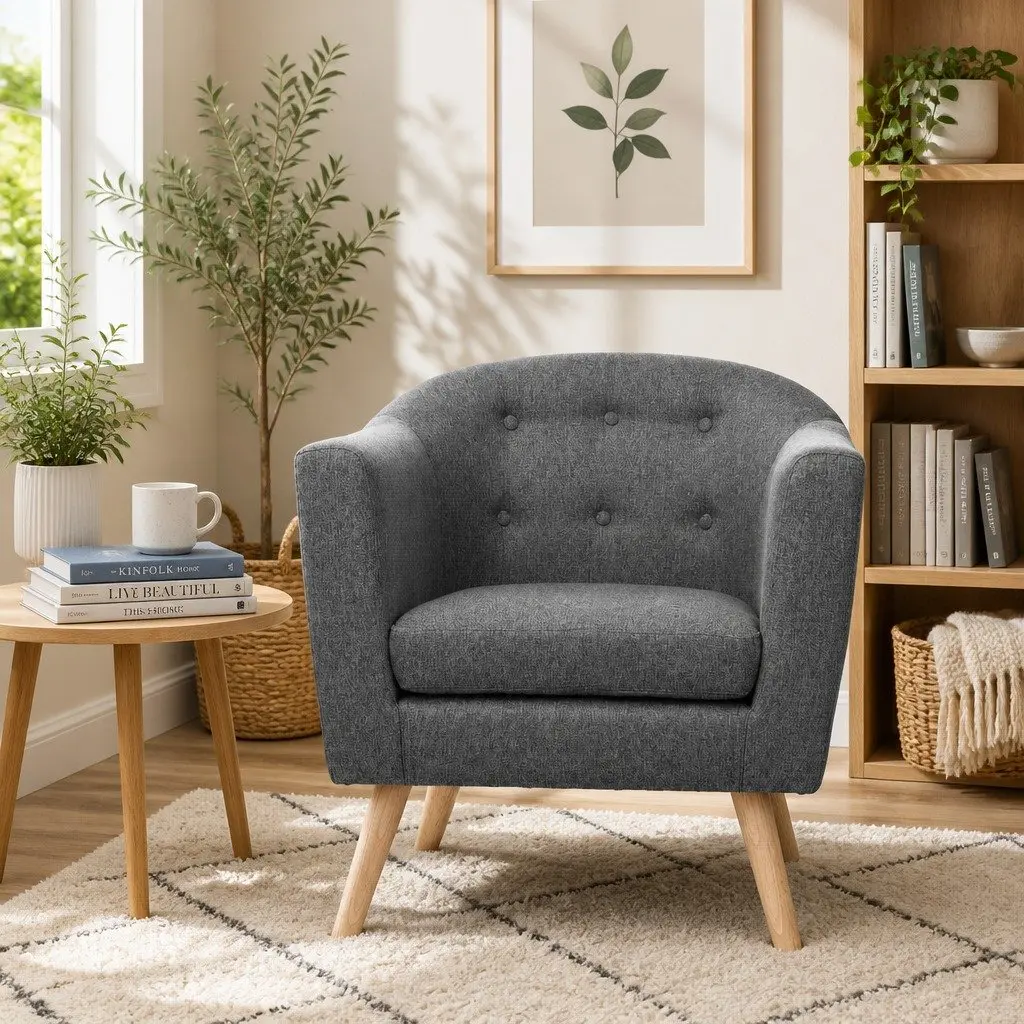 Armchair Upholstered Faux Linen Fabric Tufted Backrest Grey Full Size Seat