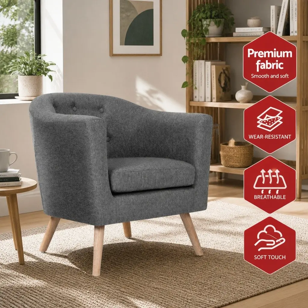 Armchair Upholstered Faux Linen Fabric Tufted Backrest Grey Full Size Seat