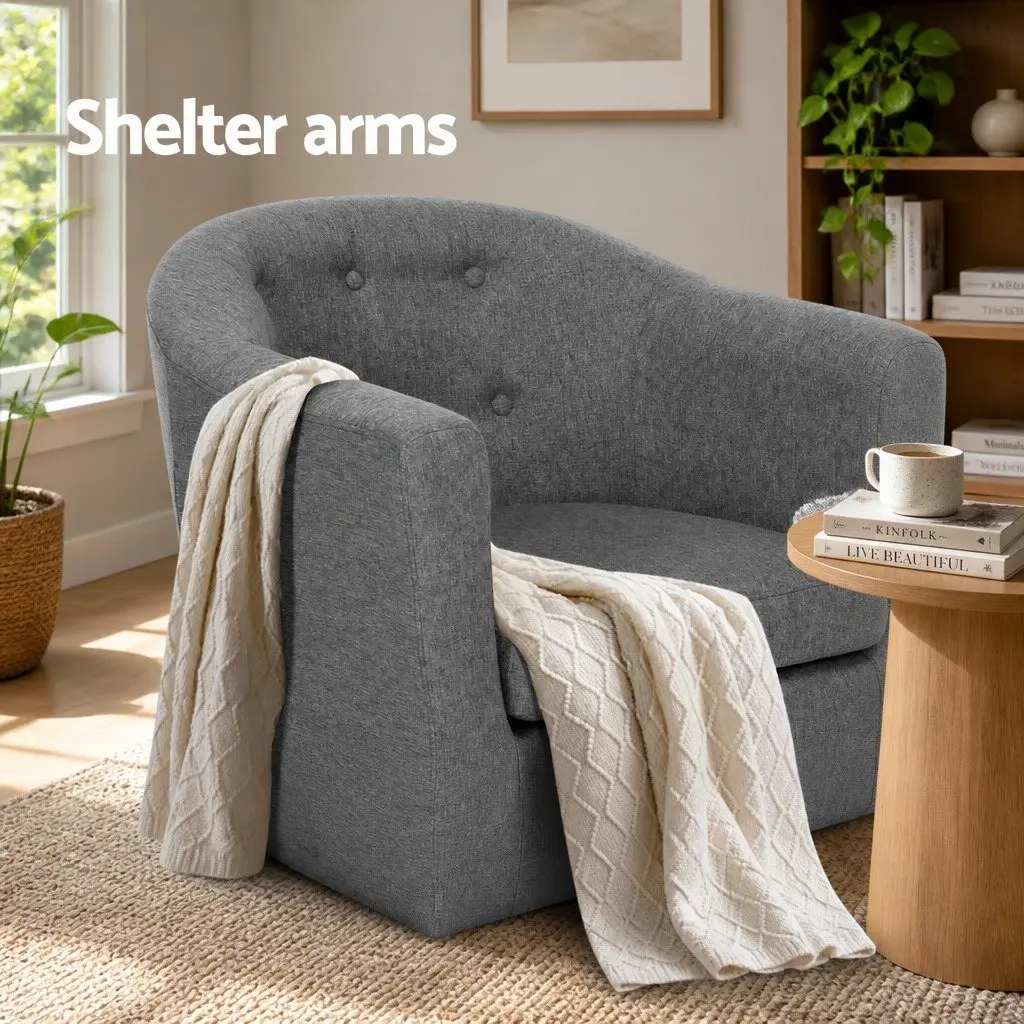 Armchair Upholstered Faux Linen Fabric Tufted Backrest Grey Full Size Seat