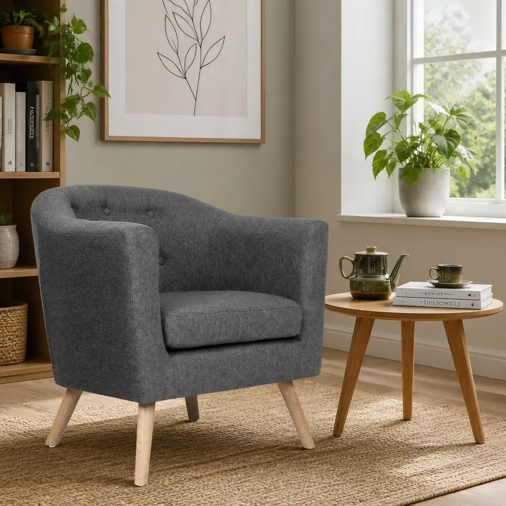 Armchair Upholstered Faux Linen Fabric Tufted Backrest Grey Full Size Seat