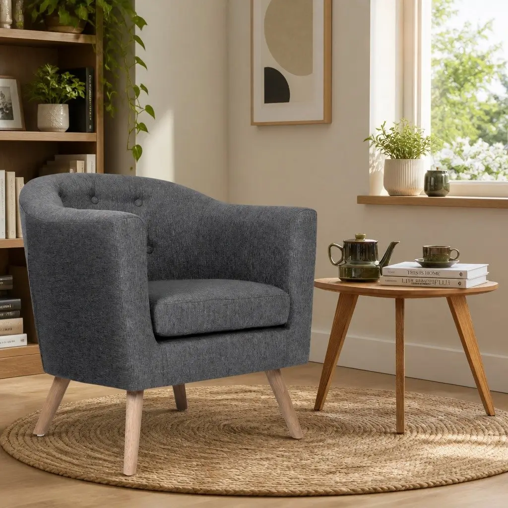 Armchair Upholstered Faux Linen Fabric Tufted Backrest Grey Full Size Seat