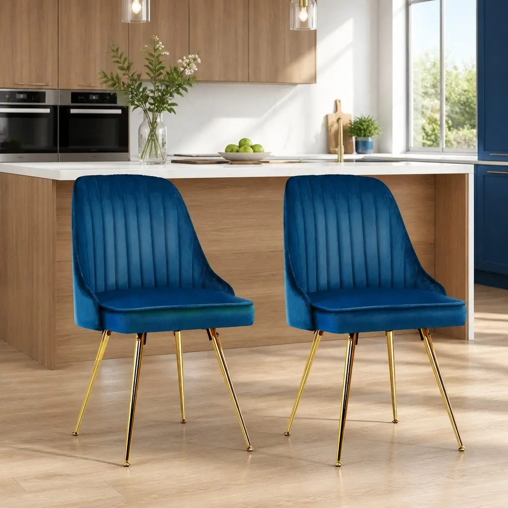 Dining Chairs Blue Velvet Channel Tufted 2 Piece Set with Metal Legs