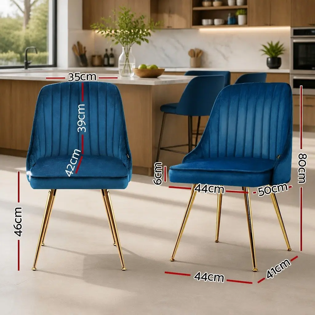Dining Chairs Blue Velvet Channel Tufted 2 Piece Set with Metal Legs
