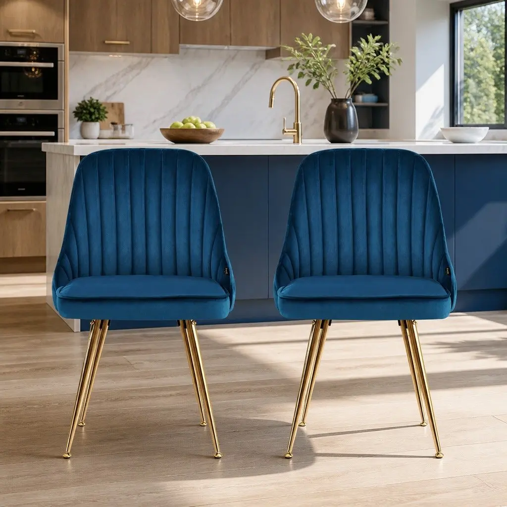 Dining Chairs Blue Velvet Channel Tufted 2 Piece Set with Metal Legs