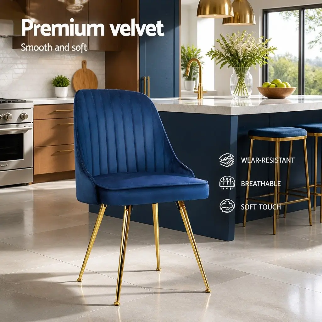 Dining Chairs Blue Velvet Channel Tufted 2 Piece Set with Metal Legs