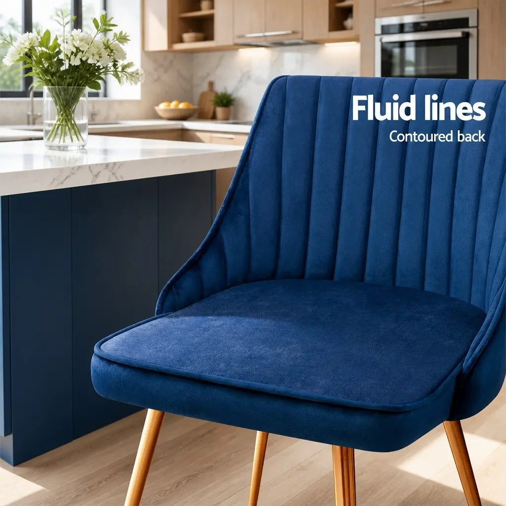 Dining Chairs Blue Velvet Channel Tufted 2 Piece Set with Metal Legs
