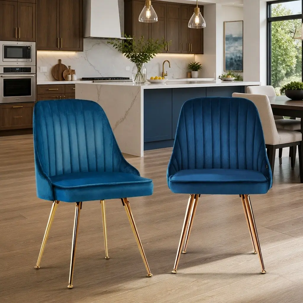 Dining Chairs Blue Velvet Channel Tufted 2 Piece Set with Metal Legs