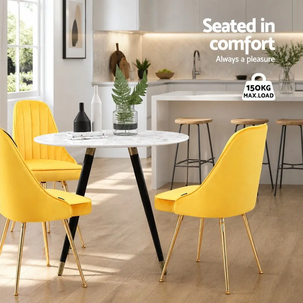 Dining Chairs Velvet Channel Tufted Yellow Scallop Shell Back Set of 2 Metal