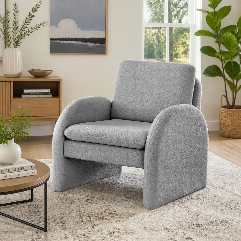Accent Armchair Boucle Upholstery Curved Armrests Grey 75cm W x 76cm D x 87cm H
