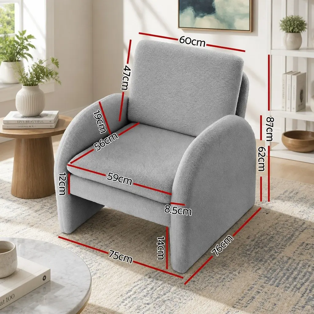 Accent Armchair Boucle Upholstery Curved Armrests Grey 75cm W x 76cm D x 87cm H