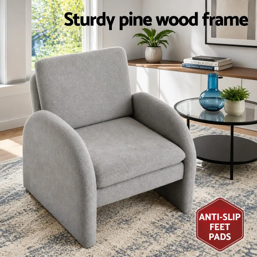 Accent Armchair Boucle Upholstery Curved Armrests Grey 75cm W x 76cm D x 87cm H
