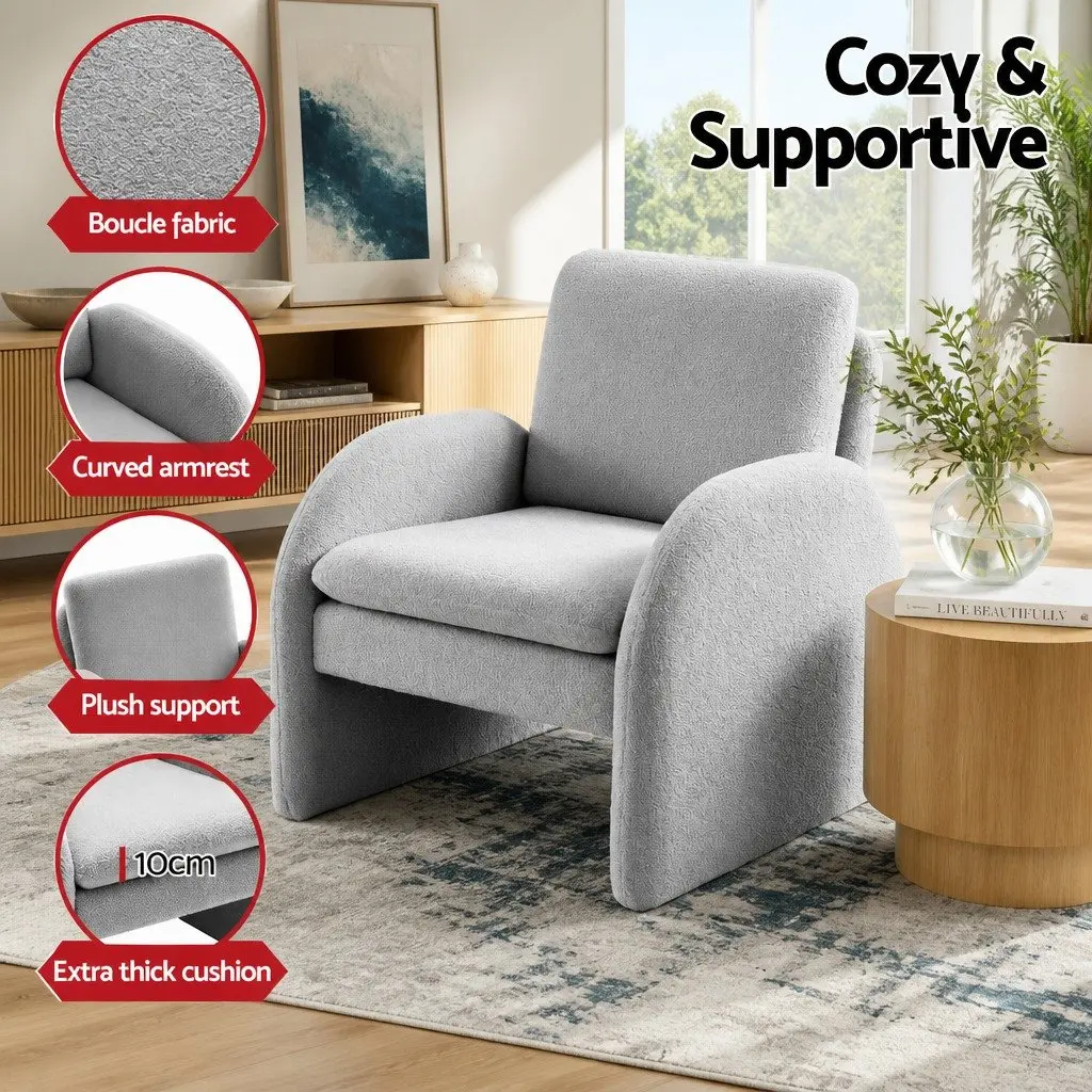 Accent Armchair Boucle Upholstery Curved Armrests Grey 75cm W x 76cm D x 87cm H