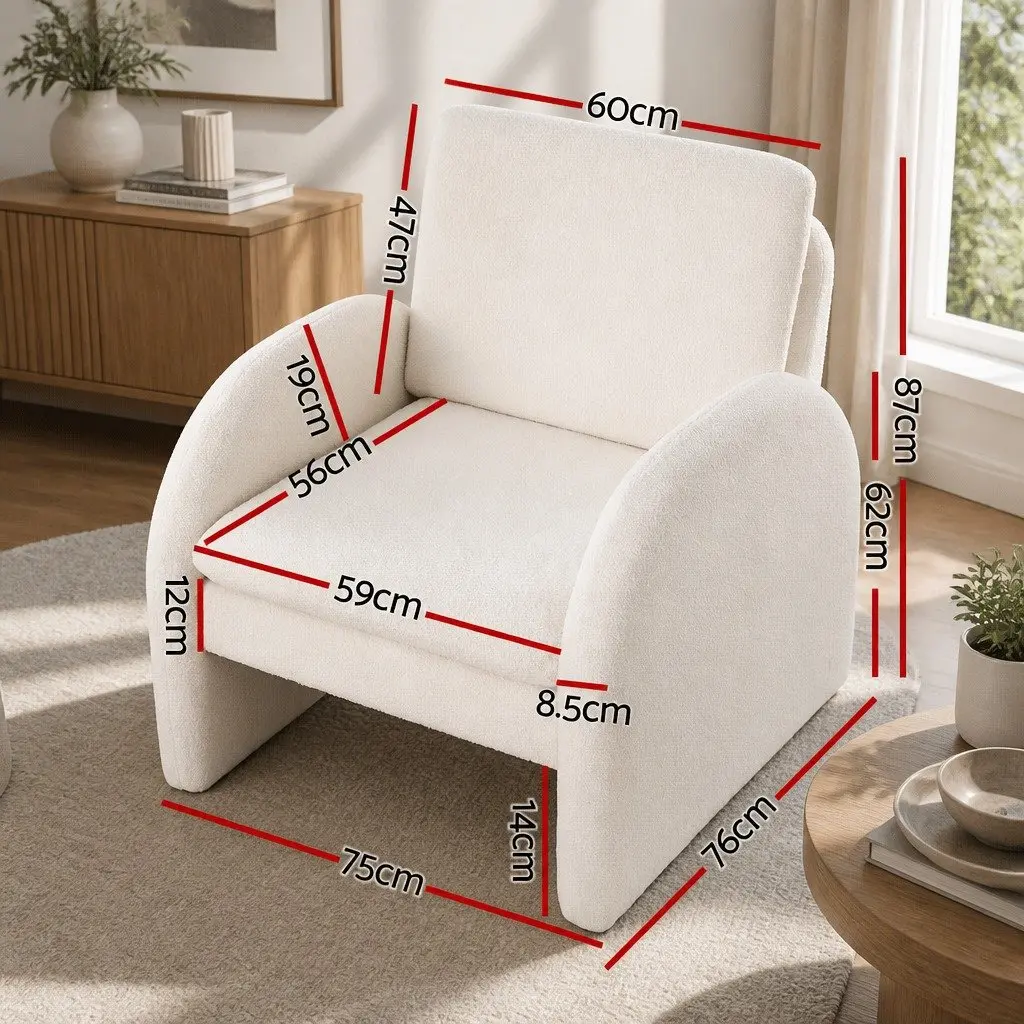 Armchair Accent Chair Boucle Upholstered Curved Arm White